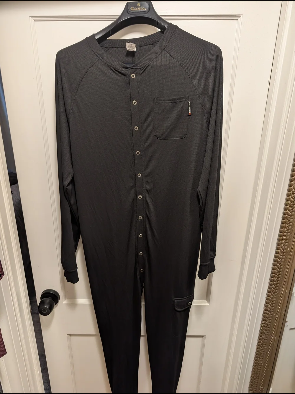 Men's Black Long-Sleeve Button Front One-Piece Unionsuit